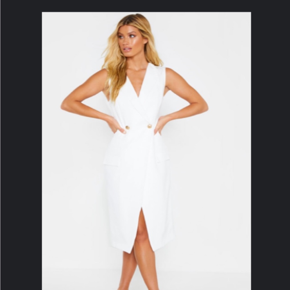 PLT White Sleeveless Gold Button Blazer Dress